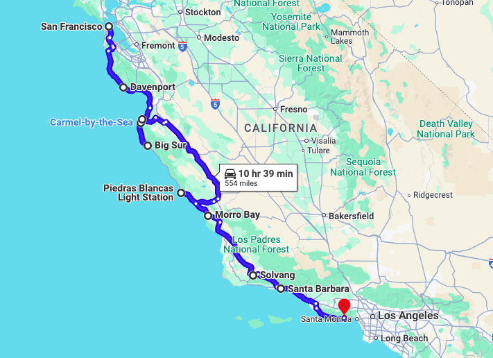 map of week 2 California road trip