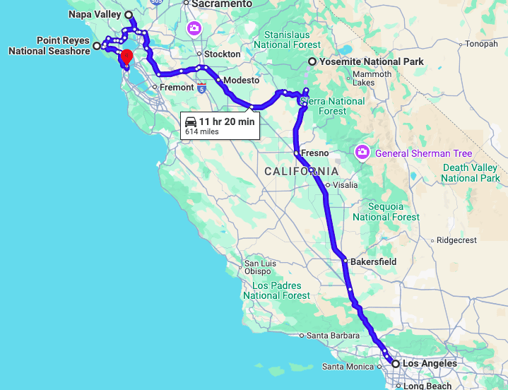 week 1 map of 2 week California road trip