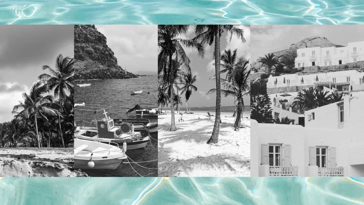 Island vacation quiz; black and white images of Barbados, Santorini, San Blas, and Mykonos over bright turquoise waters of Fiji.