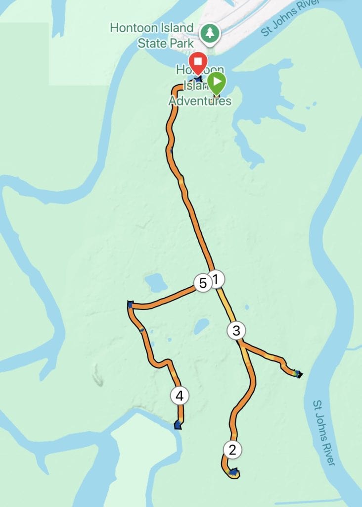 Timucuan Trail Road at Hontoon Island State Park - screenshot of Garmin Activity map