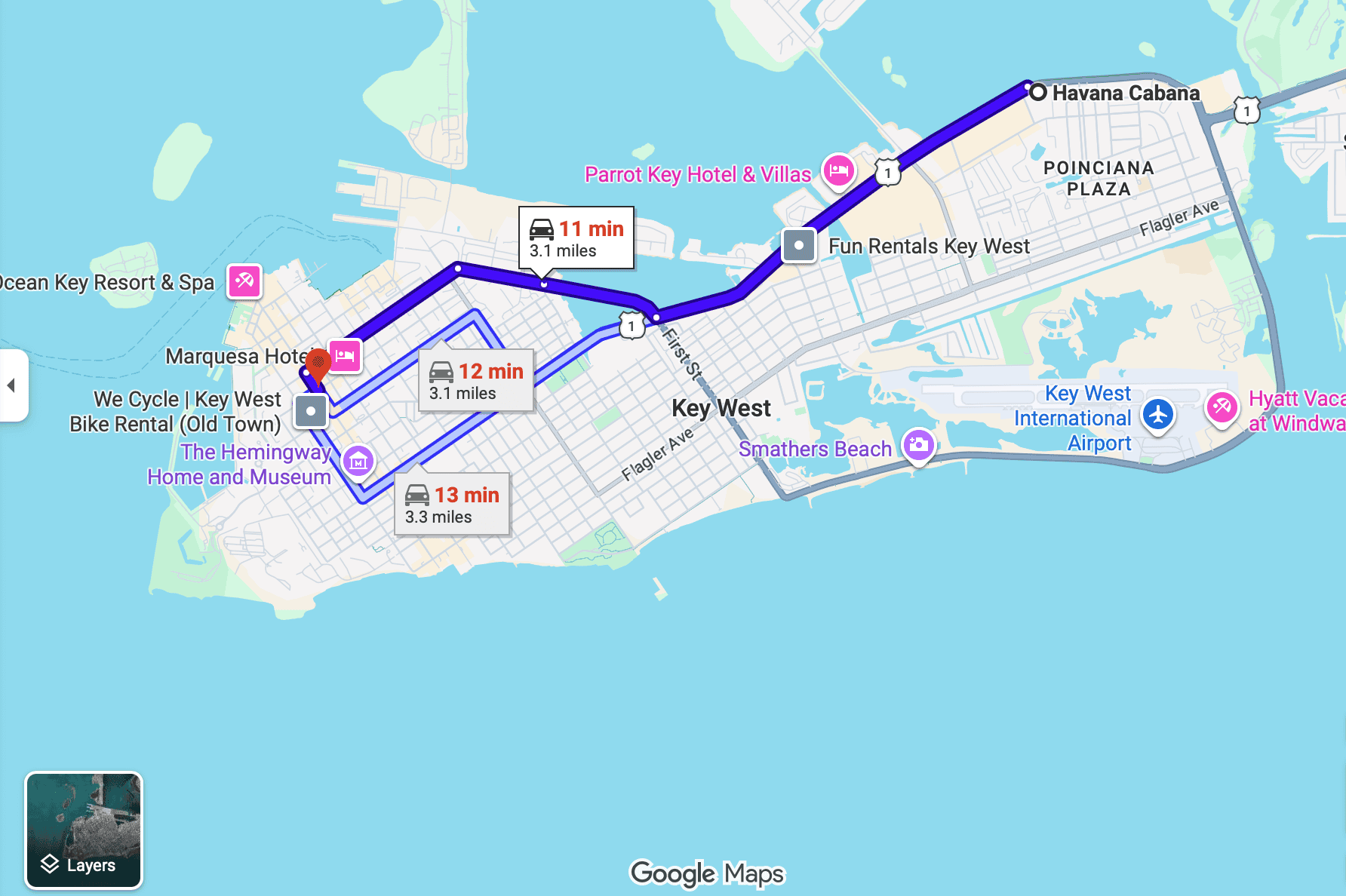 Havana Cabana to downtown Key West google maps screenshot