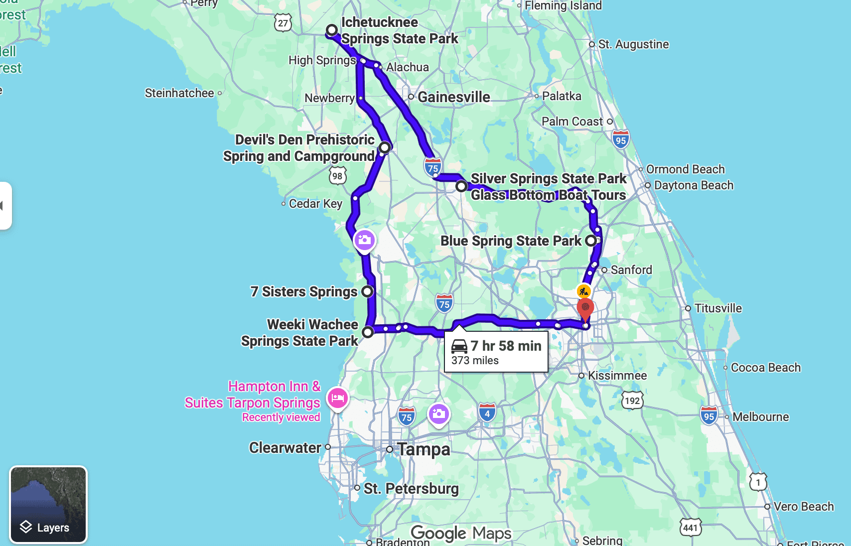 google map driving route - summer Florida springs road trip
