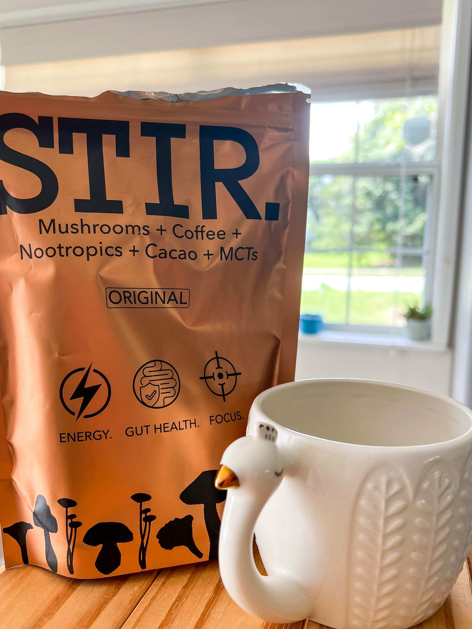STIR mushroom coffee with mug and window view